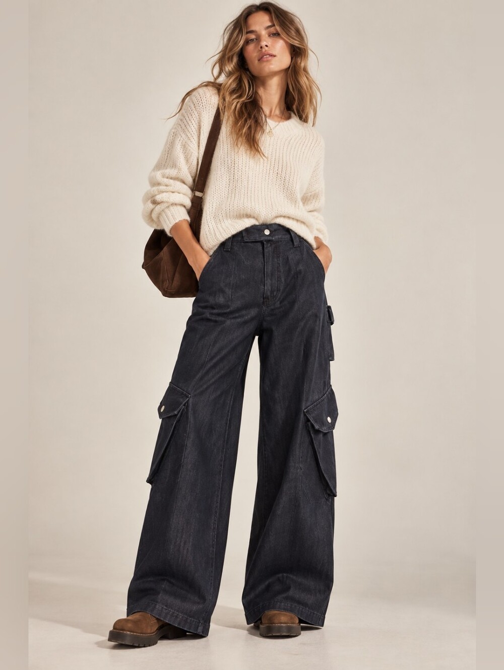 WITH JEAN Waxed Rain Dark Blue Denim Wide Leg Baggy Cargo Pants Large